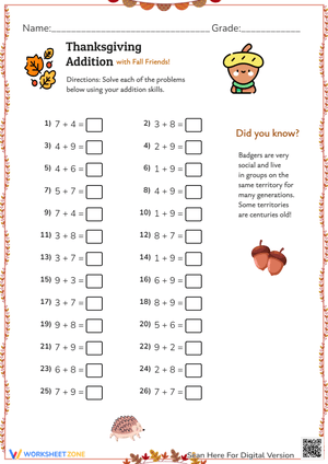 Autumn Addition Worksheet for Kids