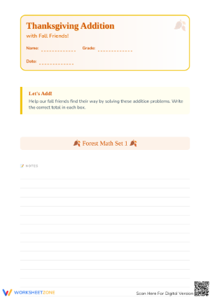 Grade 1 Thanksgiving Addition — Printable No-Prep Worksheet