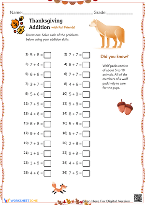 Printable Thanksgiving Addition Worksheet