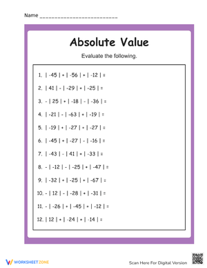 Absolute Value Practice Sheet