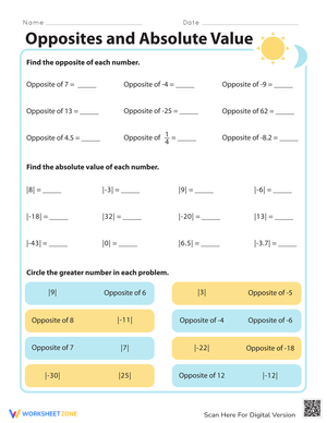 Opposites and Absolute Value Sheet