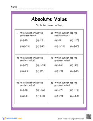 Absolute Value - Numbers Worksheet