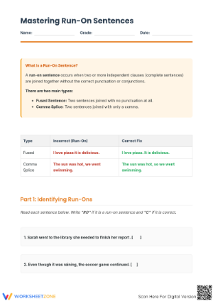 Printable Run-On Sentence Practice | Grade 5 and 6 ELA