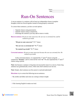Run-on Sentences Worksheet