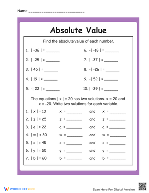 Practice Calculating Absolute Value Worksheet