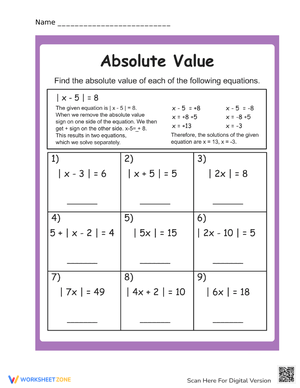 Worksheet on Calculating Absolute Value