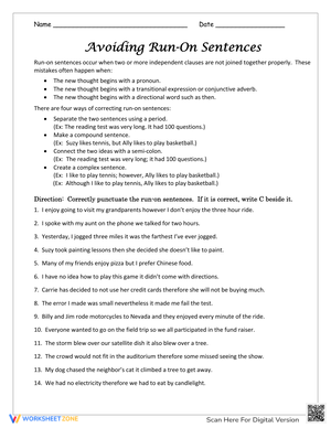 Avoiding Run-On Sentences Practice Worksheet