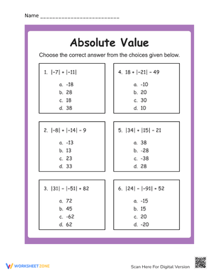Absolute Value Calculation Practice Worksheet