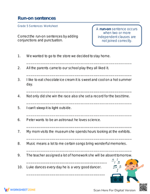 Correcting Run-on Sentences Worksheet