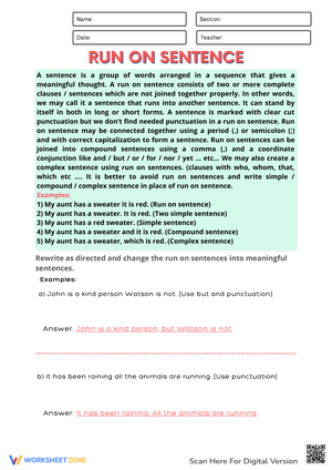 Worksheet: Fixing Run-on Sentences
