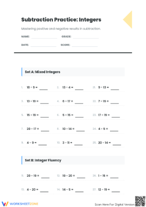 Printable Subtract Integers Worksheet | Grade 7 Aligned