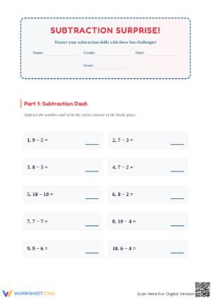 Printable Subtraction Within 10 Worksheet | Grade 1 Ready