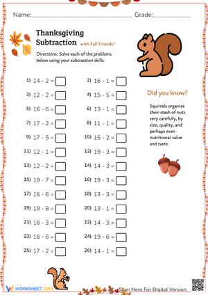 Thanksgiving Math Worksheet: Subtraction Fun