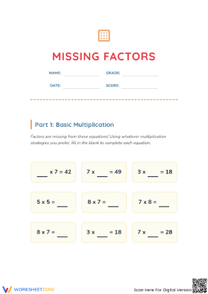 Printable Missing Multiplication Factors Worksheet