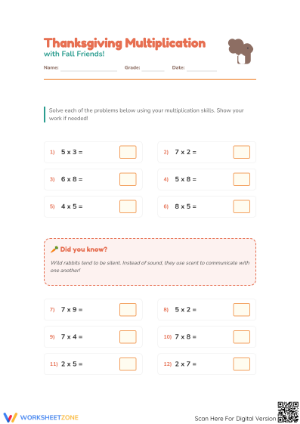 Essential Thanksgiving Multiplication Worksheet | Grade 3-4