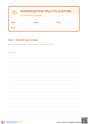 Printable Thanksgiving Multiplication Worksheet | Grade 3-4