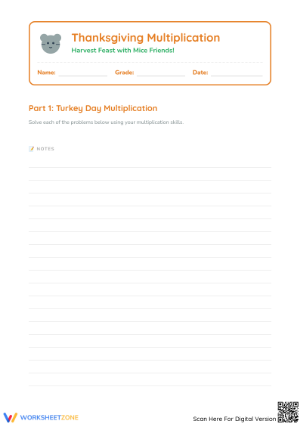 Printable Thanksgiving Multiplication Worksheet: Grade 3 Math