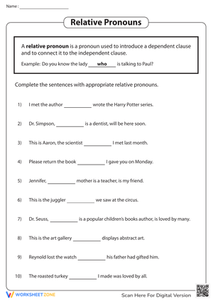 Grade 6 Relative Pronouns Worksheets 2024