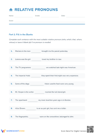 Relative Pronouns Printable Worksheet | Grade 4 ELA
