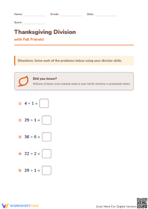 Thanksgiving Division Worksheet | Grade 3 Printable