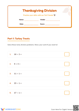 Printable Fall Division Facts Worksheet | Grades 3-4