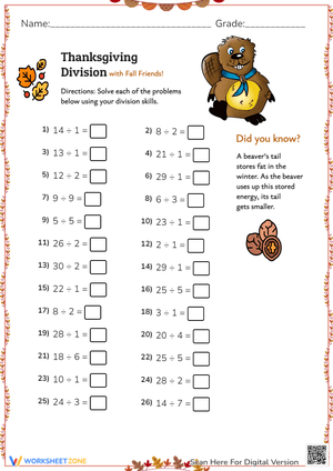 Thanksgiving Division with Fall Friends Worksheet
