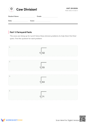 Grade 3 Cow Division — Printable No-Prep Worksheet