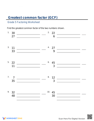 Greatest Common Factor Worksheet