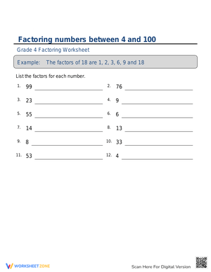 Factor Numbers 4-100 Practice Worksheet