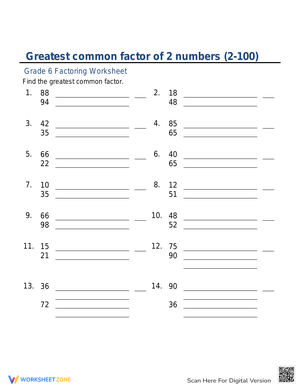 GCF of Two Numbers Worksheet