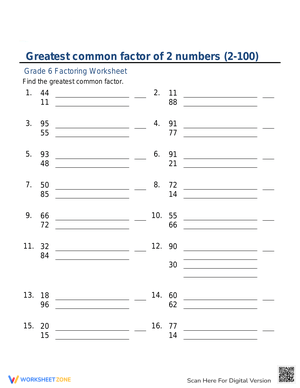 GCF of 2 Numbers Practice Worksheet