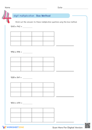 4-Digit Multiplication Using Box Method Worksheet