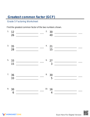 Grade 5 GCF Factoring Practice