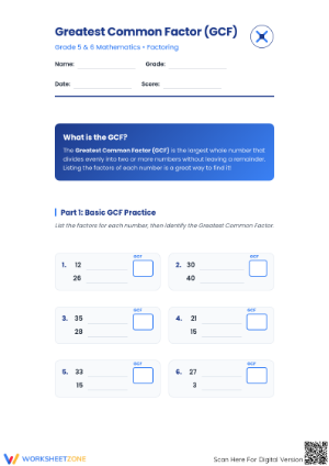 Printable GCF Practice Worksheet | Grade 5 & 6 Math