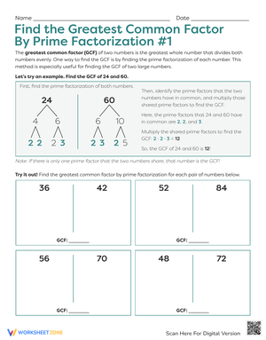 GCF by Prime Factorization Worksheet