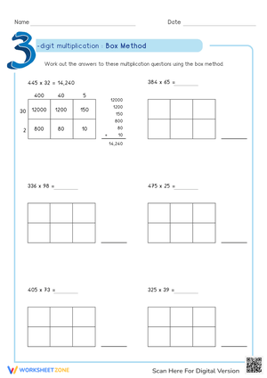 3-Digit Multiplication Using Box Method Worksheet