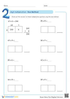 2-Digit Multiplication Using Box Method Worksheet