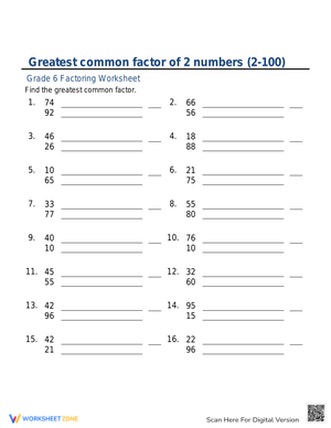 Find the Greatest Common Factor Practice Sheet