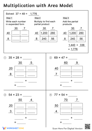 Multiplication with Area Model Practice Worksheet