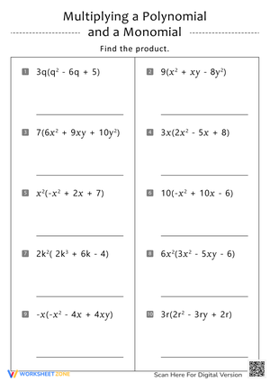 Worksheet on Multiplying Polynomials and Monomials