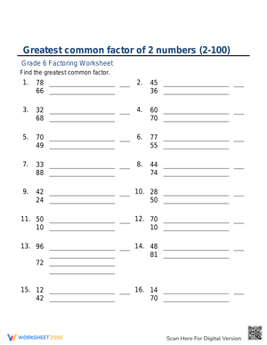 Greatest Common Factor of 2 Numbers Practice