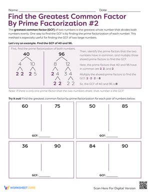 Find GCF by Prime Factorization with this Worksheet