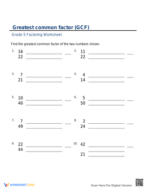 Greatest Common Factor Worksheet for Grade 5