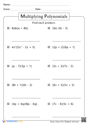 Multiplying Polynomials: Algebra Skills Worksheet