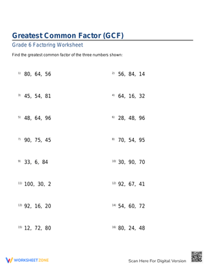 GCF of 3 Numbers Worksheet