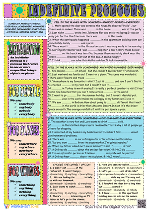 ESL Grammar Exercises: Indefinite Pronouns Worksheet