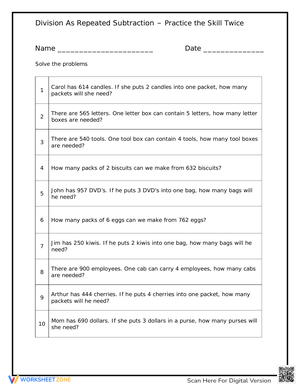 Repeated Subtraction Word Problems Worksheet