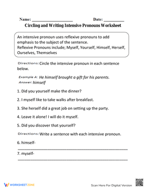 Circling Intensive Pronouns Worksheet for Practice
