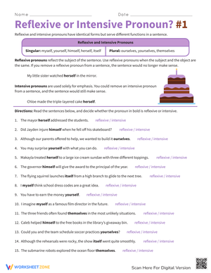 Reflexive or Intensive Pronoun Worksheet