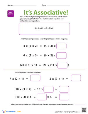 Properties of Multiplication: Associative Worksheet